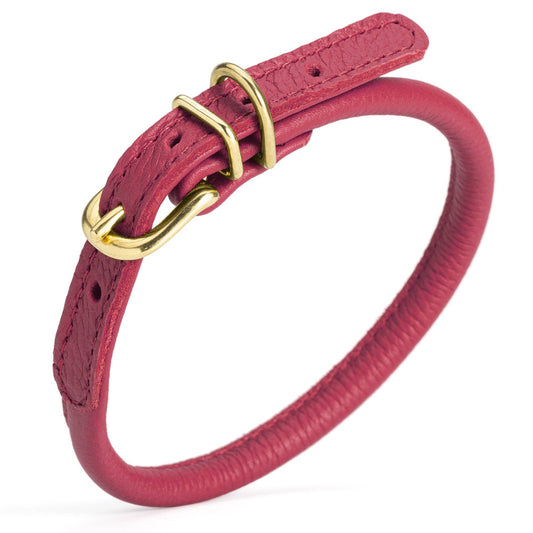 Soft Rolled Leather Dog Collar with Brass Hardware: Pink / 13-16" / 1/3"